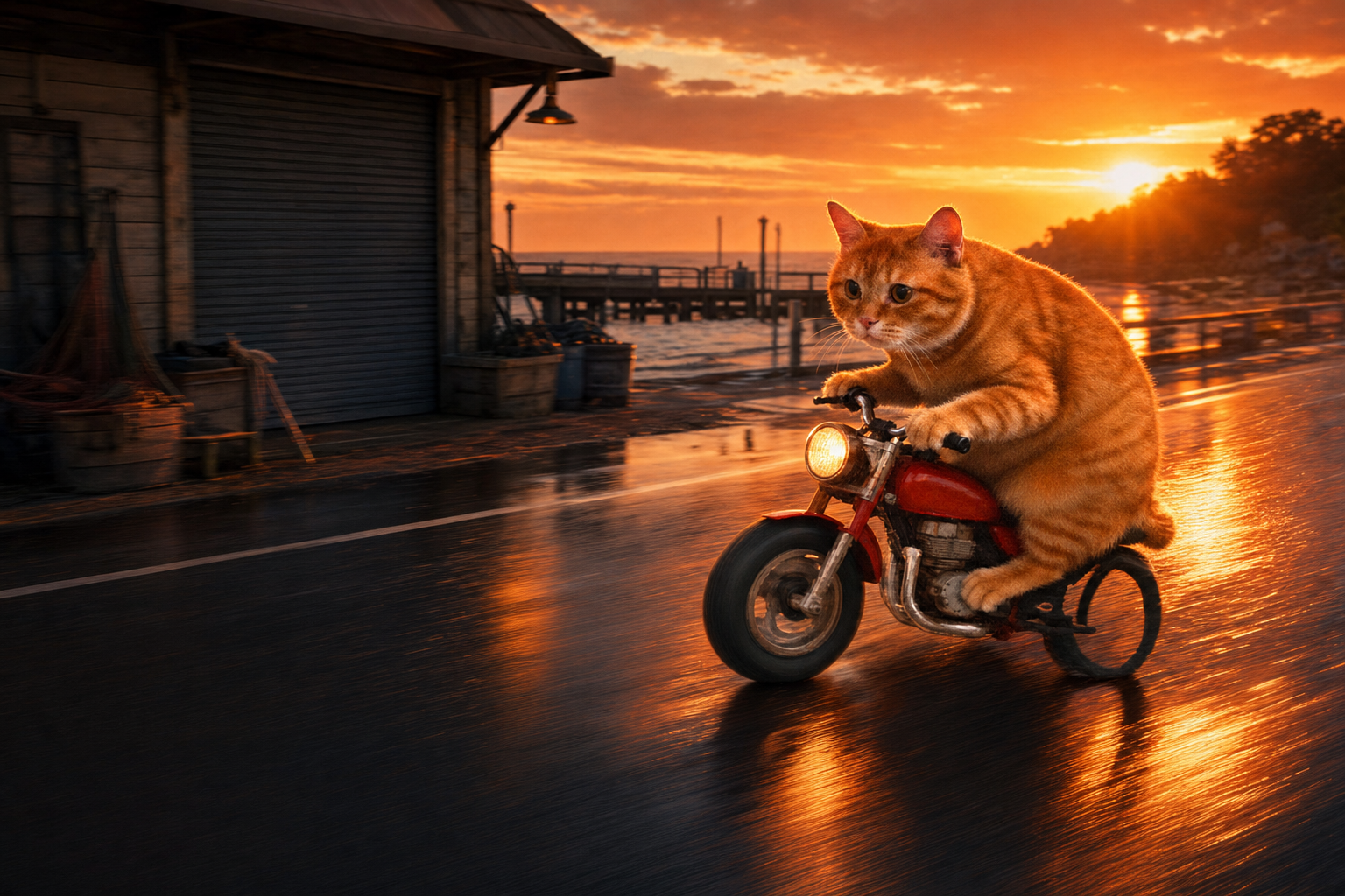 Vroom Cat riding his red minibike along the wet coast road past a closed shop and the pier at sunset