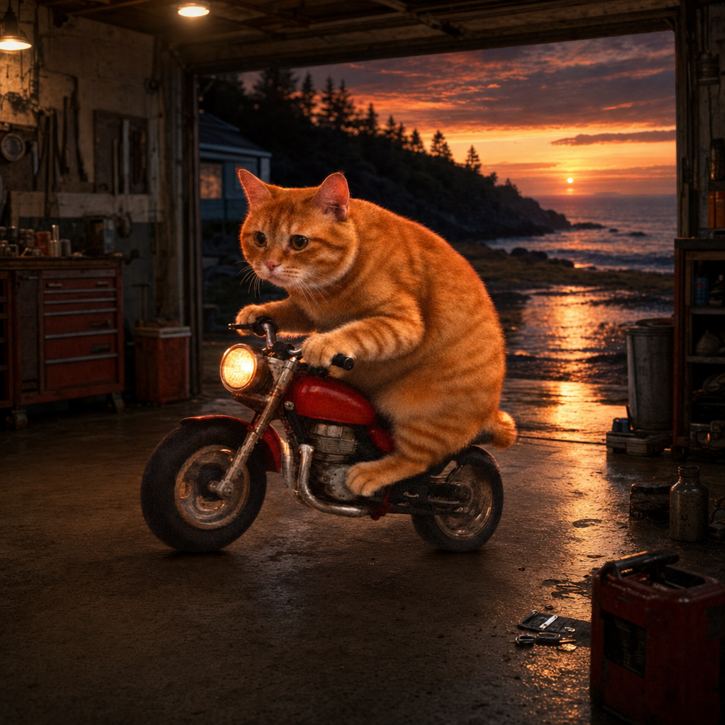 Vroom Cat on his minibike inside a roadside garage that opens onto a sunset coastline